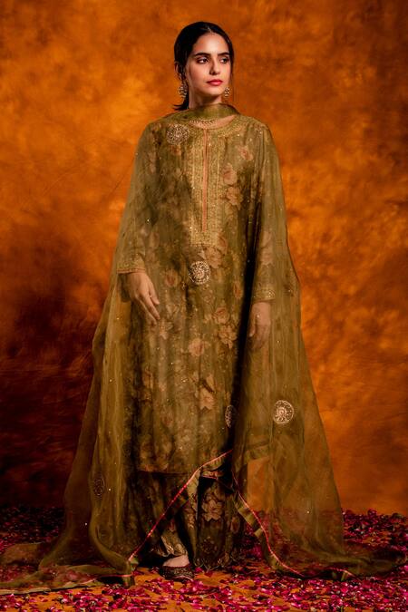 Chandbari_Green Kurta And Palazzo Chanderi Printed Floral Notched Set_at_Aza_Fashions