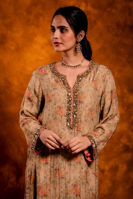 Shop_Chandbari_Beige Kurta And Palazzo Chanderi Printed Floral Notched Set_Online_at_Aza_Fashions