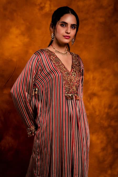 Chandbari Multi Color Modal Satin Printed Floral V Neck Stripe Kurta And Pant Set at Aza Fashions Chandbari_Multi Color Modal Satin Printed Floral V Neck Stripe Kurta And Pant Set_at_Aza_Fashions