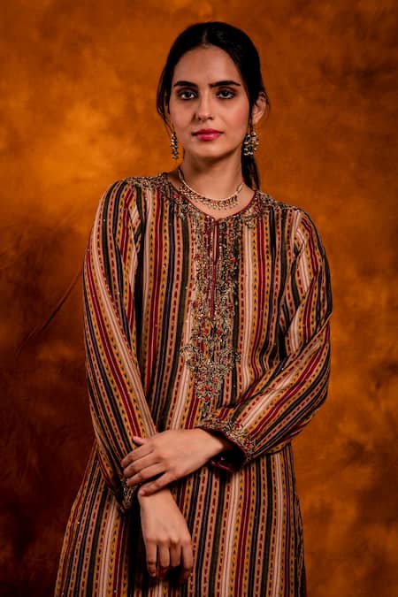 Shop_Chandbari_Red Kurta Modal Satin Printed Stripe Round Palazzo Set_Online_at_Aza_Fashions