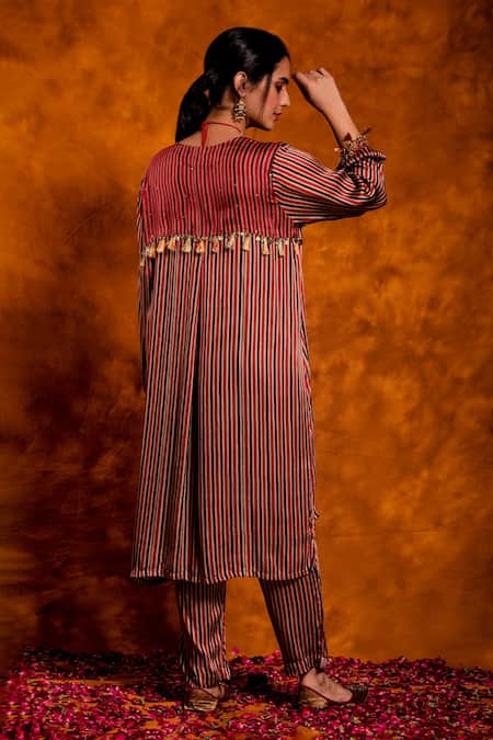 Shop Chandbari Multi Color Modal Satin Printed Floral V Neck Stripe Kurta And Pant Set at Aza Fashions Shop_Chandbari_Multi Color Modal Satin Printed Floral V Neck Stripe Kurta And Pant Set_at_Aza_Fashions