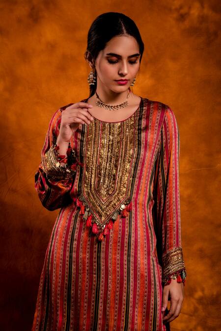 Chandbari_Fuchsia Kurta Modal Satin Printed Stripe Round Palazzo Set_at_Aza_Fashions