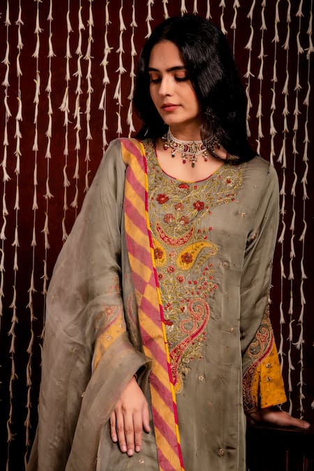 Shop_Chandbari_Grey Kurta And Pant Modal Satin Embroidery Sequin Round Paisley Set_Online_at_Aza_Fashions