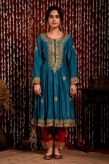 Buy Chandbari Blue Dupatta- Silk Organza, Kurta And Salwar Chanderi Embroidered Anarkali Set Online at Aza Fashions Buy_Chandbari_Blue Dupatta- Silk Organza, Kurta And Salwar Chanderi Embroidered Anarkali Set_Online_at_Aza_Fashions