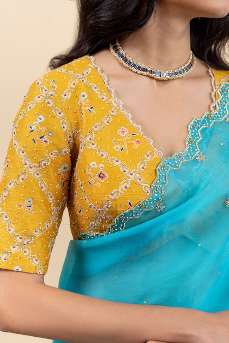 Pita Nila_Blue Satin, , , Beads, Soha Border Saree With Blouse _Online_at_Aza_Fashions