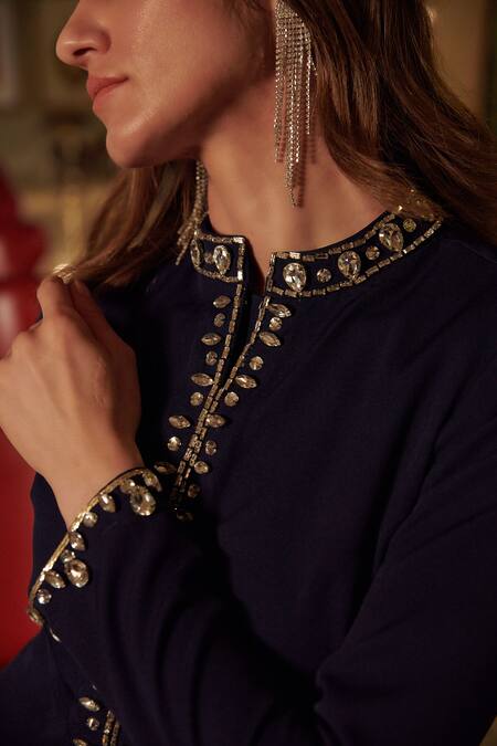 Shop Cin Cin Blue Luxury Banana Crepe Stone Mandarin Collar Empire Embellished Jacket Dress Online at Aza Fashions Shop_Cin Cin_Blue Luxury Banana Crepe Stone Mandarin Collar Empire Embellished Jacket Dress_Online_at_Aza_Fashions