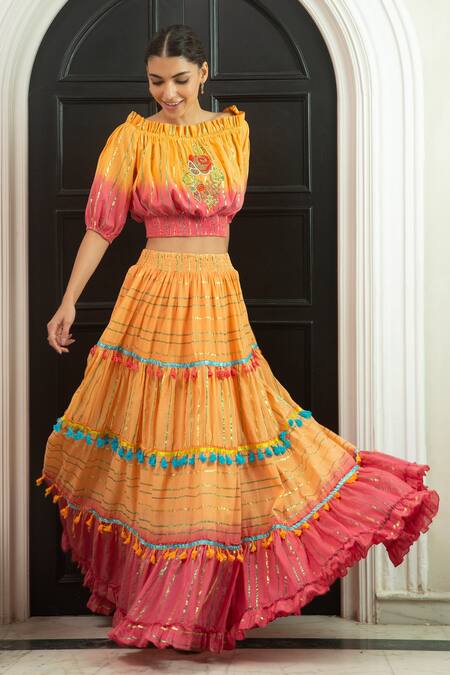 Cin Cin_Yellow Cotton Ombre Tiered Skirt  Set_Online_at_Aza_Fashions