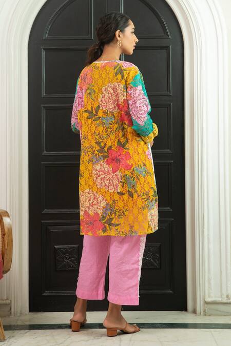 Shop_Cin Cin_Multi Color Cotton Printed Floral Motifs V Neck Kurta And Pant Set _at_Aza_Fashions
