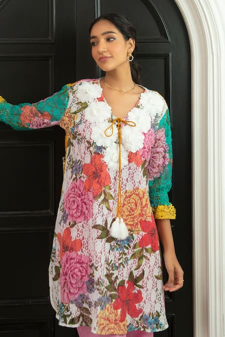 Buy_Cin Cin_Multi Color Cotton Printed Floral Motifs V Neck Kurta And Pant Set _Online_at_Aza_Fashions