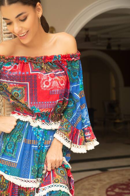 Cin Cin_Multi Color Cotton Boat Tiered Skirt Set _at_Aza_Fashions