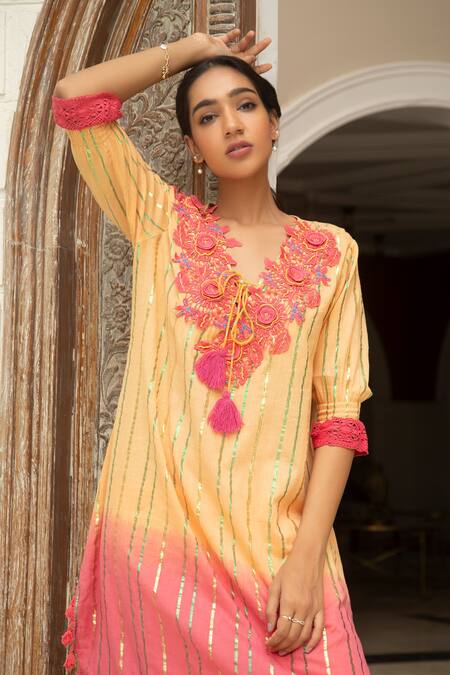 Cin Cin_Orange Cotton Lace V Neck Floral Motif Kurta And Pant Set_Online_at_Aza_Fashions