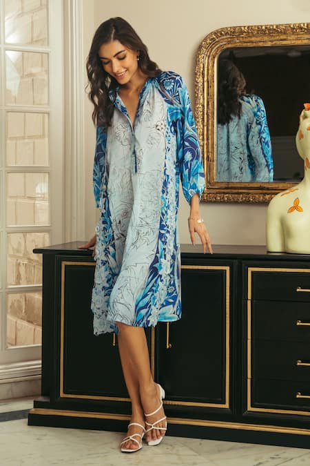 Cin Cin Blue Cotton Printed Floral Motifs V Neck Dress 