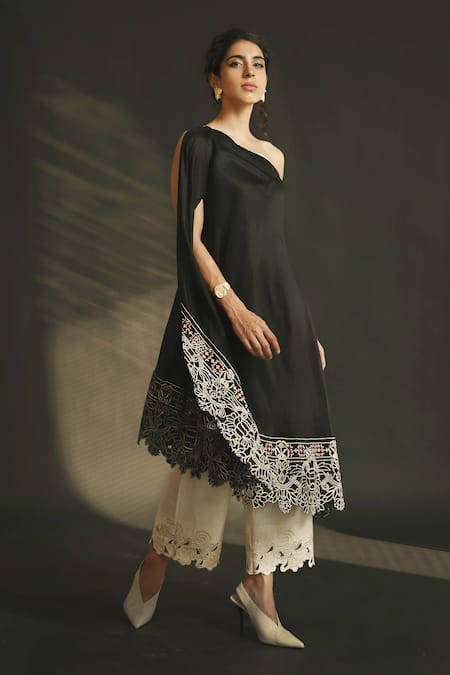 Chandrima_Black Chanderi Asymmetric One Shoulder Draped Kurta _Online_at_Aza_Fashions