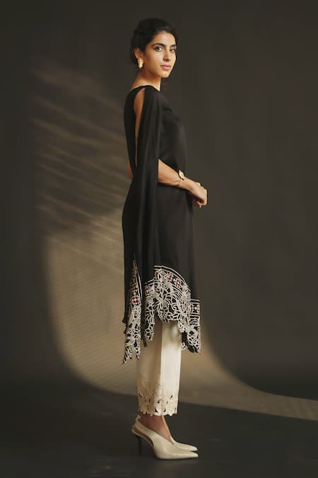 Buy_Chandrima_Black Chanderi Asymmetric One Shoulder Draped Kurta _Online_at_Aza_Fashions