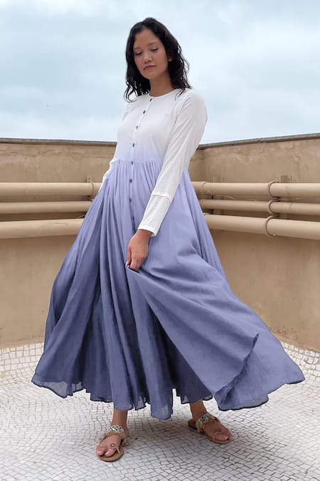 Buy Chambray & CO. Grey Cotton Round Button Down Ombre Dress Online at Aza Fashions Buy_Chambray & CO._Grey Cotton Round Button Down Ombre Dress_Online_at_Aza_Fashions