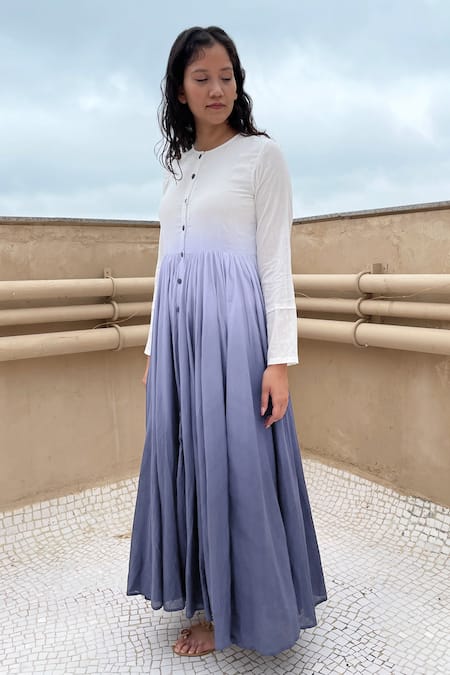 Shop Chambray & CO. Grey Cotton Round Button Down Ombre Dress Online at Aza Fashions Shop_Chambray & CO._Grey Cotton Round Button Down Ombre Dress_Online_at_Aza_Fashions