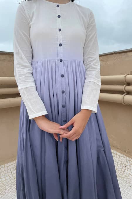 Chambray & CO. Grey Cotton Round Button Down Ombre Dress at Aza Fashions Chambray & CO._Grey Cotton Round Button Down Ombre Dress_at_Aza_Fashions
