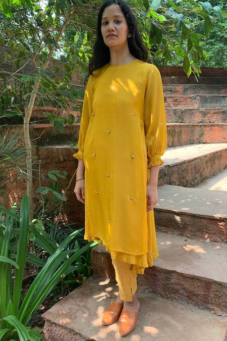 Chambray & Co._Yellow Organza, Cotton Crepe Round Embroidered Layered Kurta_Online_at_Aza_Fashions