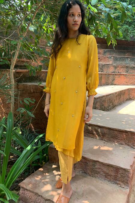 Buy_Chambray & Co._Yellow Organza, Cotton Crepe Round Embroidered Layered Kurta_Online_at_Aza_Fashions