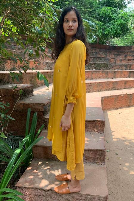 Shop_Chambray & Co._Yellow Organza, Cotton Crepe Round Embroidered Layered Kurta_Online_at_Aza_Fashions