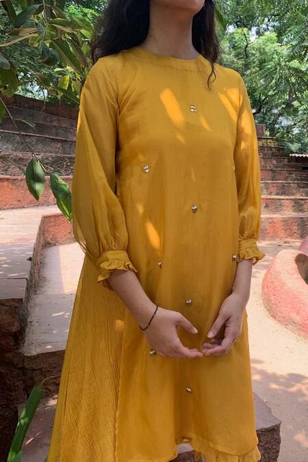 Chambray & Co._Yellow Organza, Cotton Crepe Round Embroidered Layered Kurta_at_Aza_Fashions
