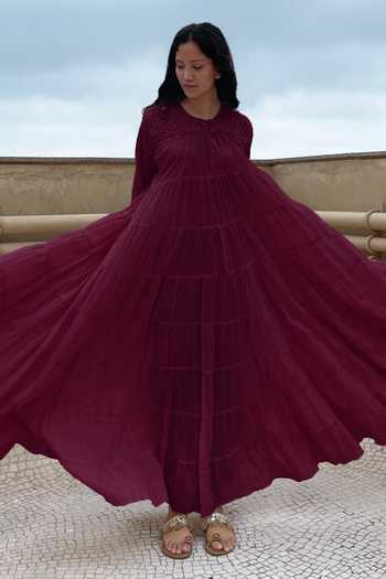 Buy Purple Cotton Thread Work Round Tiered Tent Dress For Women by Chambray  & CO. Online at Aza Fashions.