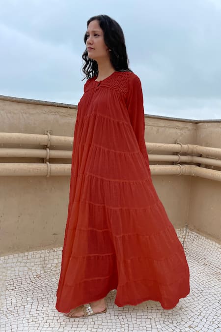 Chambray & Co._Red Cotton Thread Work Round Tiered Tent Dress_Online_at_Aza_Fashions