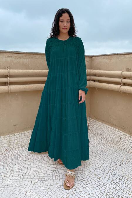 Chambray Green Cotton Thread Work Round Tiered Tent Dress