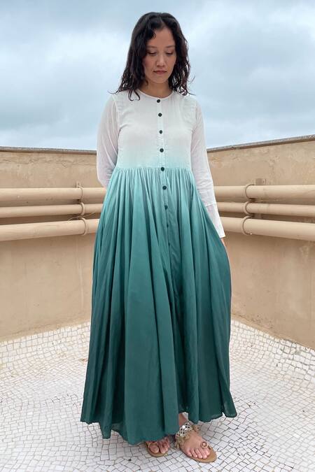 Chambray & CO._Green Cotton Round Button Down Ombre Dress_Online_at_Aza_Fashions
