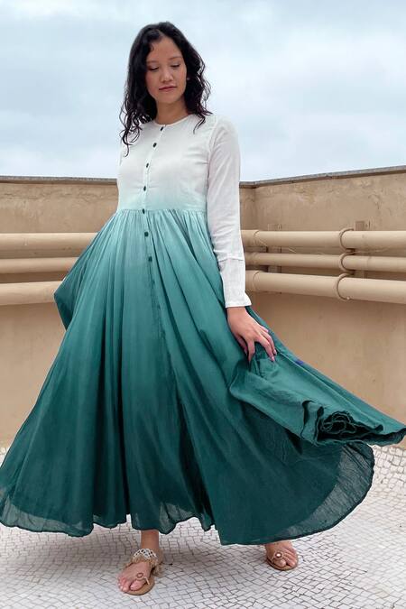 Buy_Chambray & CO._Green Cotton Round Button Down Ombre Dress_Online_at_Aza_Fashions
