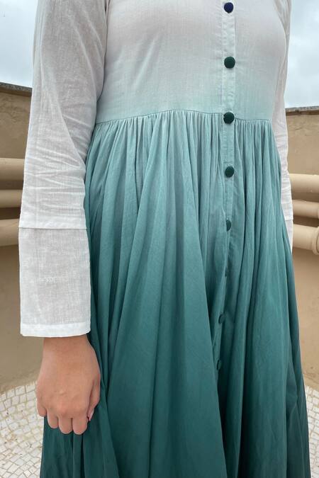 Chambray & CO._Green Cotton Round Button Down Ombre Dress_at_Aza_Fashions
