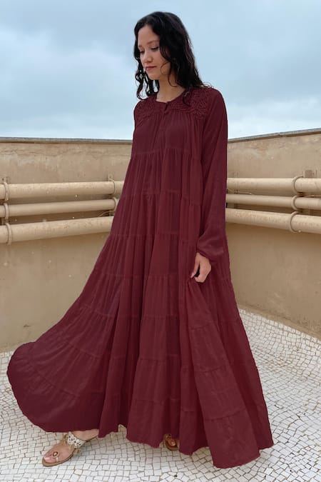 Buy Purple Cotton Thread Work Round Tiered Tent Dress For Women by