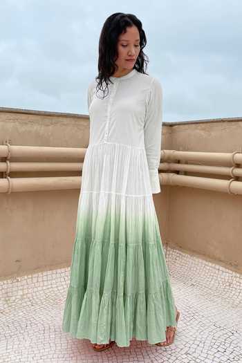 Shop_Chambray & Co._Green Cotton Round Tiered Ombre Dress_Online_at_Aza_Fashions