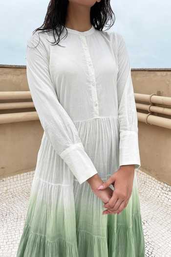 Chambray & Co._Green Cotton Round Tiered Ombre Dress_at_Aza_Fashions