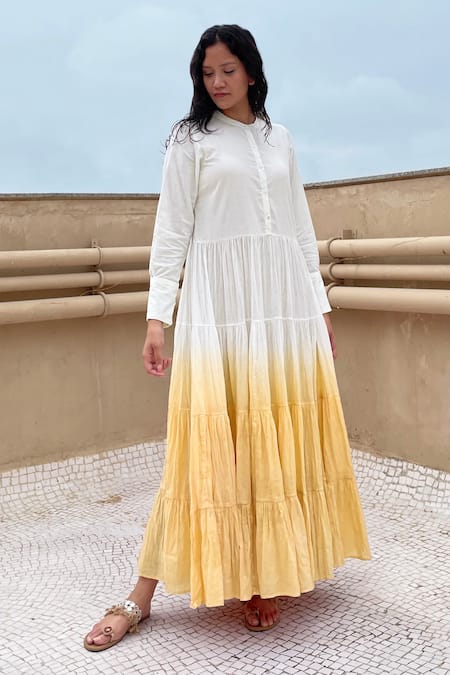 Chambray & Co. Yellow Cotton Dyed Round Tiered Ombre Dress 