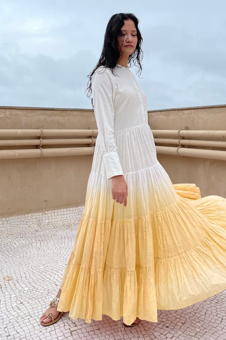 Chambray & CO._Yellow Cotton Round Tiered Ombre Dress_Online_at_Aza_Fashions