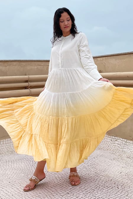 Buy_Chambray & CO._Yellow Cotton Round Tiered Ombre Dress_Online_at_Aza_Fashions