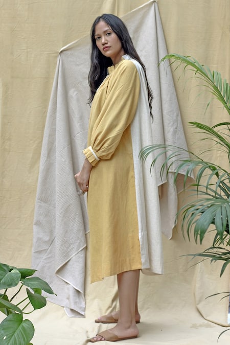 Buy_Chambray & Co._Yellow Jonquil Textured Dress_Online_at_Aza_Fashions