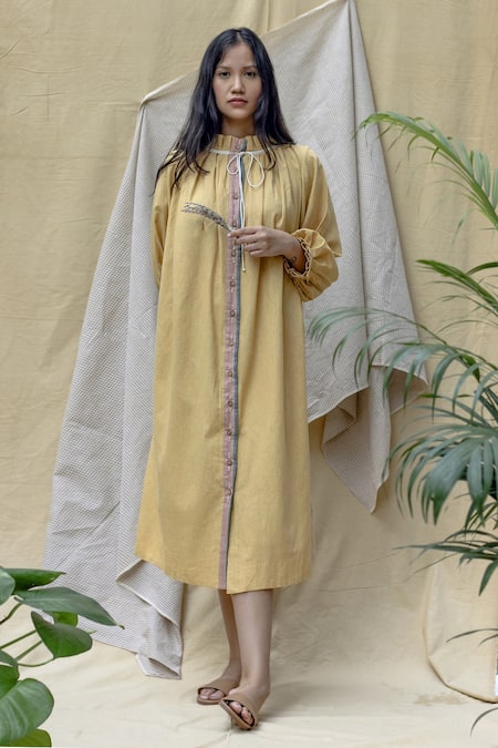 Shop_Chambray & Co._Yellow Jonquil Textured Dress_Online_at_Aza_Fashions