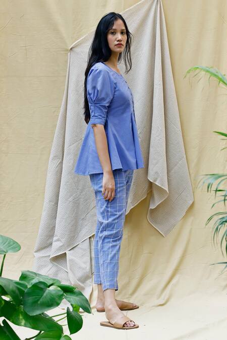 Chambray & CO._Blue Cotton, Linen Thread Work, French Knot V Neck Peplum Top And Pant Set _Online_at_Aza_Fashions