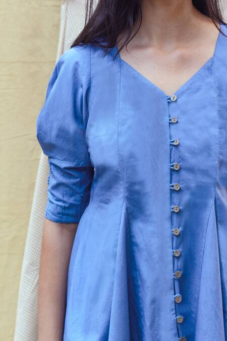 Chambray & CO._Blue Cotton, Linen Thread Work, French Knot V Neck Peplum Top And Pant Set _at_Aza_Fashions