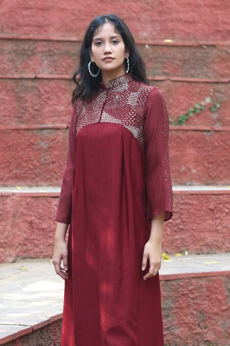 Shop_Chambray & Co._Maroon Vegan Silk Mandarin Collar Kurta And Pant Set_Online_at_Aza_Fashions