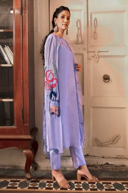 Chambray & Co._Purple Silk, Fluid Organza Floral, Glass Bead Round Kaya Embroidered Kurta Set_Online_at_Aza_Fashions