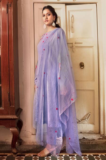 Buy_Chambray & Co._Purple Silk, Fluid Organza Floral, Glass Bead Round Kaya Embroidered Kurta Set_Online_at_Aza_Fashions