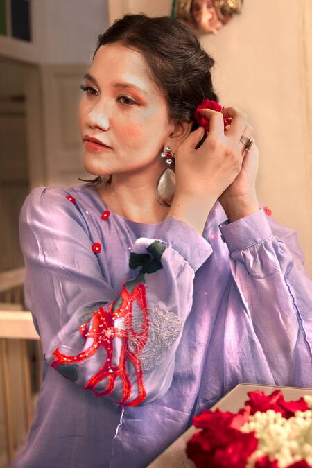 Shop_Chambray & Co._Purple Silk, Fluid Organza Floral, Glass Bead Round Kaya Embroidered Kurta Set_Online_at_Aza_Fashions