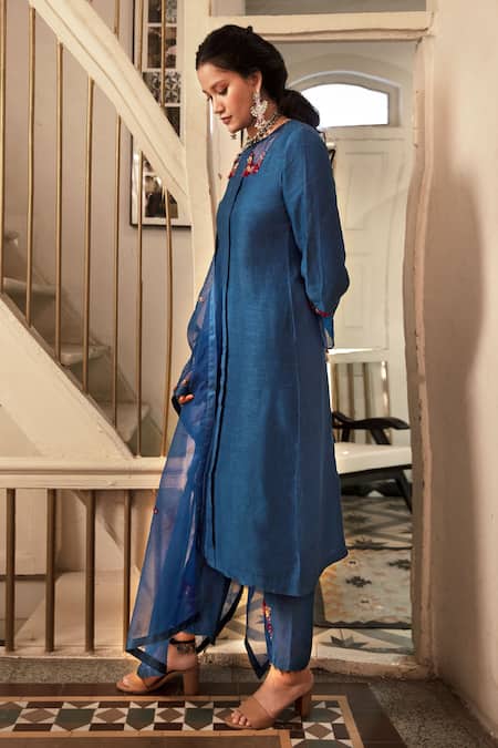 Buy_Chambray & Co._Blue Silk Organza, Linen Georgette Thread, Glass Anessa Embroidered Kurta Set_Online_at_Aza_Fashions