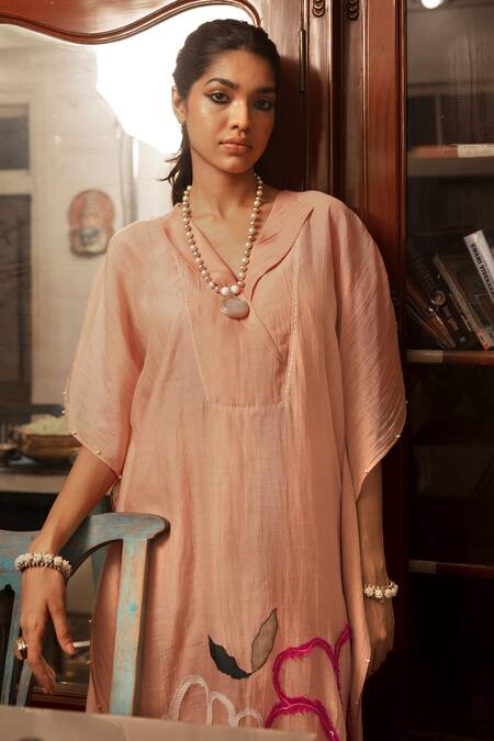 Buy Chambray & CO. Pink Chanderi Silk Floral, Resham, Glass Bead Rysa Kaftan Tunic And Sharara Set Online at Aza Fashions Buy_Chambray & CO._Pink Chanderi Silk Floral, Resham, Glass Bead Rysa Kaftan Tunic And Sharara Set_Online_at_Aza_Fashions