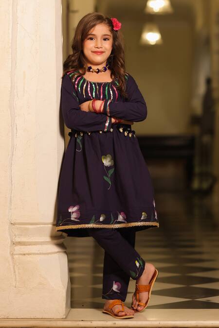 Buy_Cute Couture_Blue Poplin, Cotton Embroidery, Sequins Floral Embellished Kurta And Pant Set _Online_at_Aza_Fashions