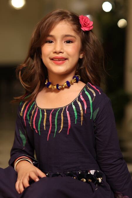 Cute Couture_Blue Poplin, Cotton Embroidery, Sequins Floral Embellished Kurta And Pant Set _at_Aza_Fashions