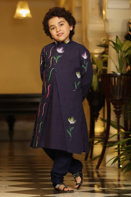 Cute Couture_Blue Rayon, Poplin Sequins, Embroidery Floral Print Jacket And Kurta Set _Online_at_Aza_Fashions